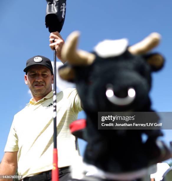 Sergio Garcia of the Fireballs GC practices on the range during a practice round prior to the LIV Golf Team Championship - Miami at Trump National...