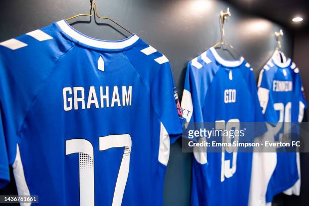 Shirts hang in the home dressing room ahead of the FA Women's Continental Tyres League Cup match between Everton and Aston Villa at Walton Hall Park...