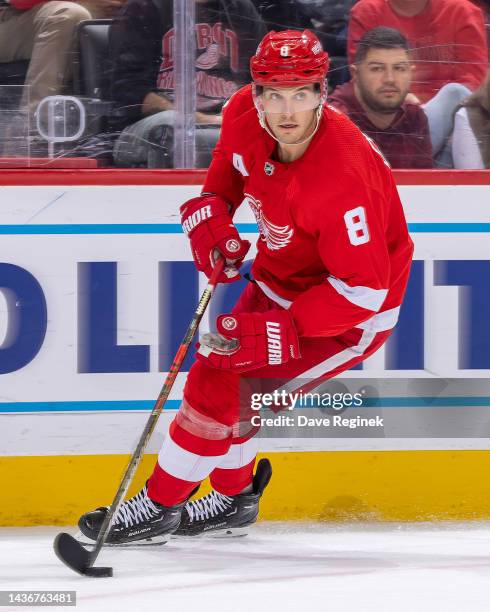 Ben Chiarot of the Detroit Red Wings controls the puck against the New Jersey Devils during the second period of an NHL game at Little Caesars Arena...
