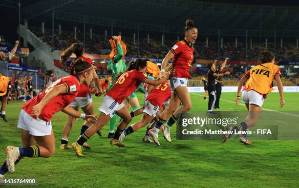 The Spain bench celebrate their teams win over Germany during the FIFA U-17 Women's World Cup 2022 Semi-Final match between Germany and Spain at...