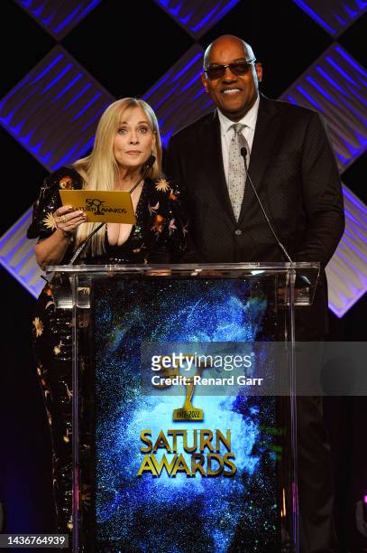 Barbara Crampton and Ken Foree attend the 50th anniversary of The Saturn Awards at The Marriott Burbank Convention Center on October 25, 2022 in...