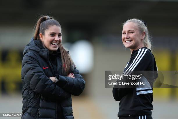 Carla Humphrey of Liverpool and Jemma Purfield of Leicester interact prior to the FA Women's Continental Tyres League Cup match between Leicester...