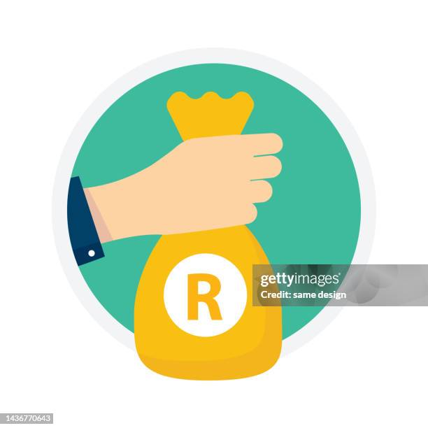 hand-holding money bag with south african rand - am rand stock illustrations