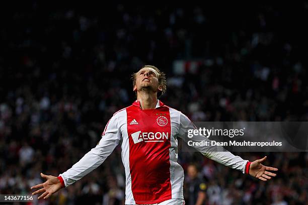 Siem de Jong of Ajax celebrates after he scores the second goal of the game during the Eredivisie match between Ajax Amsterdam and VVV Venlo at...