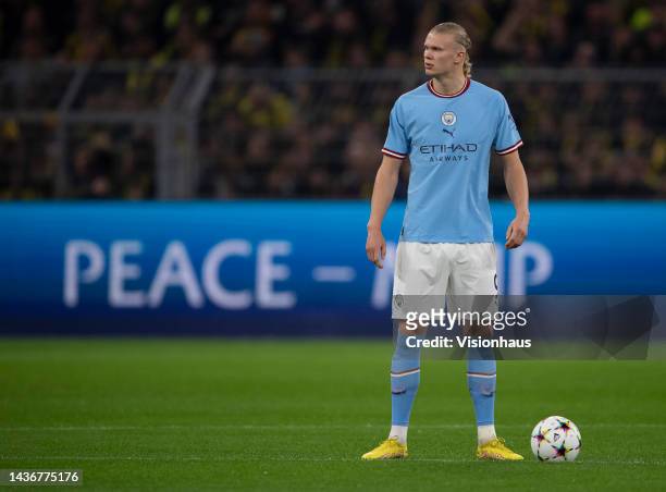 Erling Haaland of Manchester City waits to kick the match off prior to the UEFA Champions League group G match between Borussia Dortmund and...