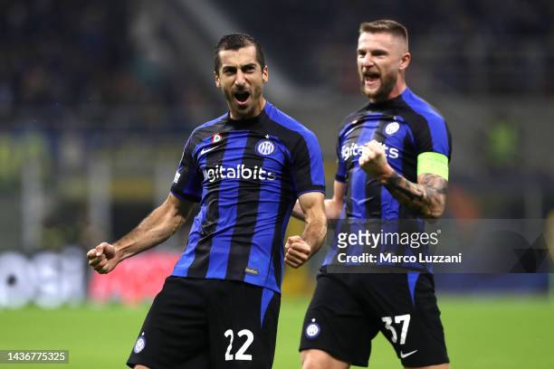 Henrikh Mkhitaryan of FC Internazionale celebrates scoring their side's first goal during the UEFA Champions League group C match between FC...