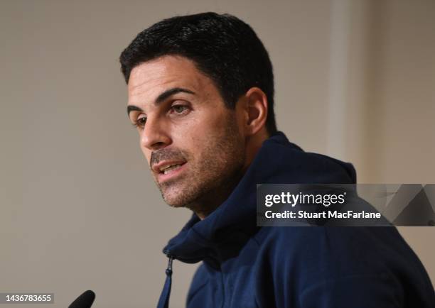 Arsenal manager Mikel Arteta attends a press conference during the UEFA Europa League group A match between FK Bodo/Glimt and Arsenal FC at Phillips...