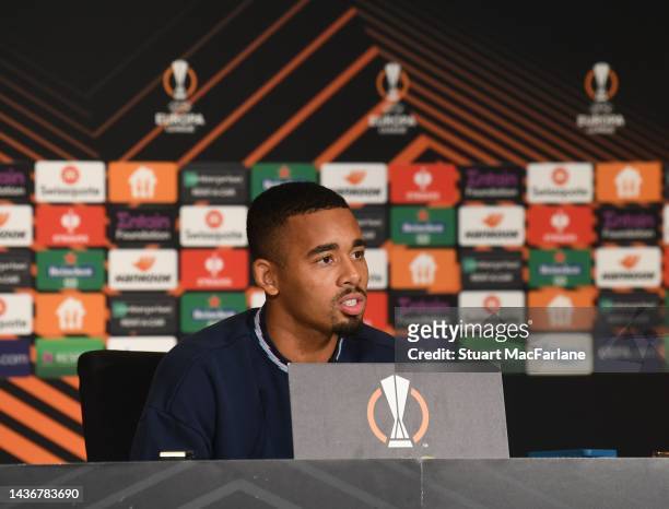 Arsenal's Gabriel Jesus attends a press conference during the UEFA Europa League group A match between FK Bodo/Glimt and Arsenal FC at Phillips...