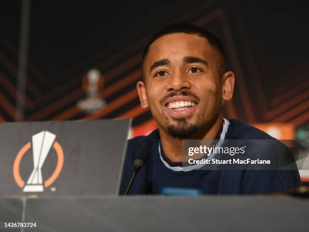 Arsenal's Gabriel Jesus attends a press conference during the UEFA Europa League group A match between FK Bodo/Glimt and Arsenal FC at Phillips...