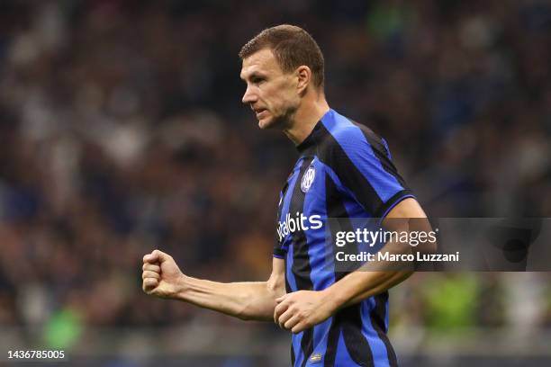 Edin Dzeko of FC Internazionale celebrates celebrates scoring their side's third goal during the UEFA Champions League group C match between FC...