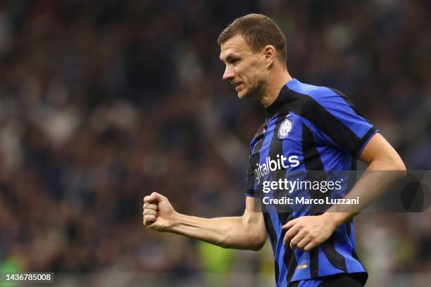 Edin Dzeko of FC Internazionale celebrates celebrates scoring their side's third goal during the UEFA Champions League group C match between FC...