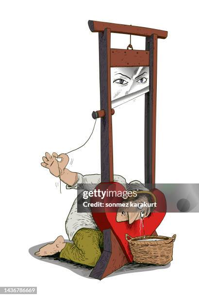 herzguillotine und mensch ein gefangener der liebe - guillotine stock-grafiken, -clipart, -cartoons und -symbole