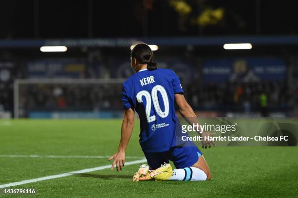 Sam Kerr of Chelsea celebrates after scoring her team's first goal during the UEFA Women's Champions League group A match between Chelsea FC and FK...