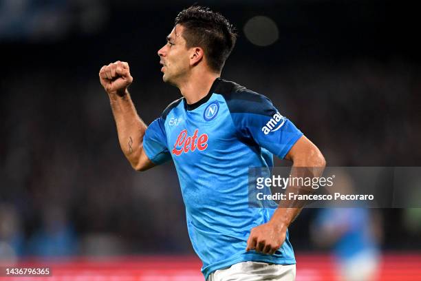 Giovanni Simeone of Napoli celebrates scoring their side's first goal during the UEFA Champions League group A match between SSC Napoli and Rangers...