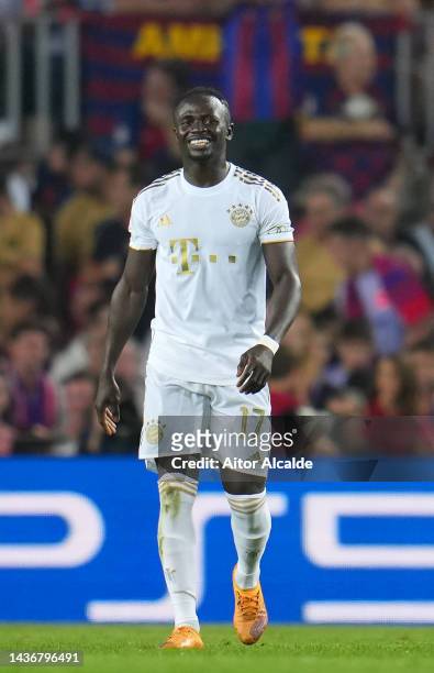 Sadio Mane of Bayern Munich celebrates after scoring their team's first goal during the UEFA Champions League group C match between FC Barcelona and...