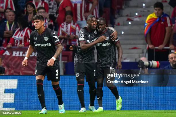 Moussa Diaby of Bayer 04 Leverkusen celebrates with teammates after scoring their team's first goal during the UEFA Champions League group B match...