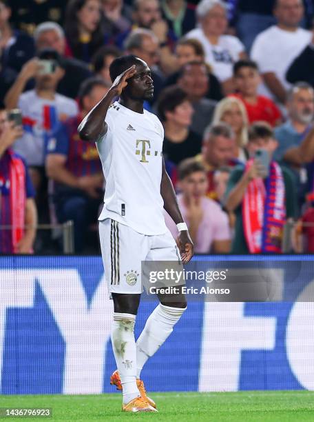 Sadio Mane of Bayern Munich celebrates after scoring their team's first goal during the UEFA Champions League group C match between FC Barcelona and...