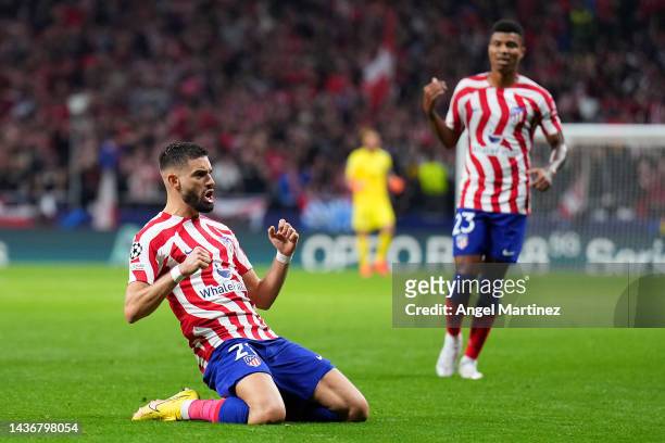 Yannick Ferreira Carrasco of Atletico Madrid celebrates after scoring their team's first goal during the UEFA Champions League group B match between...