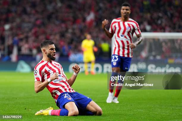 Yannick Ferreira Carrasco of Atletico Madrid celebrates after scoring their team's first goal during the UEFA Champions League group B match between...