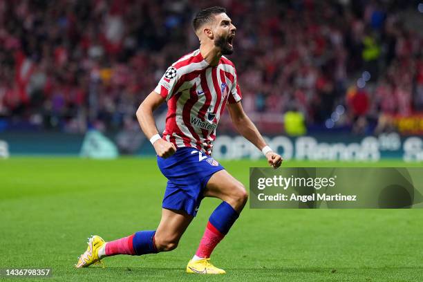 Yannick Ferreira Carrasco of Atletico Madrid celebrates after scoring their team's first goal during the UEFA Champions League group B match between...