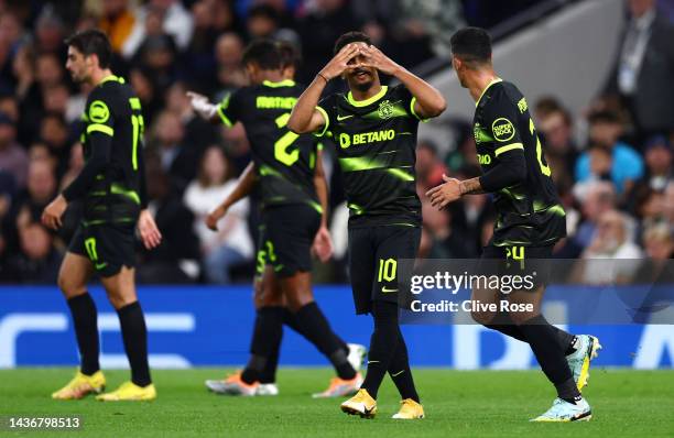 Marcus Edwards of Sporting CP celebrates after scoring theirs side's first goal during the UEFA Champions League group D match between Tottenham...