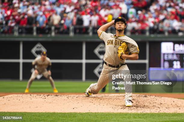 Yu Darvish of the San Diego Padres pitches in the third inning of Game Five of the National League Championship Series against the Philadelphia...