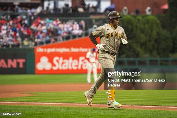 Juan Soto of the San Diego Padres jogs around the bases after hitting a home run in the fourth inning of Game Five of the National League...