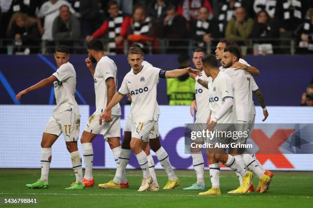 Matteo Guendouzi of Olympique Marseille celebrates scoring their side's first goal with teammates during the UEFA Champions League group D match...