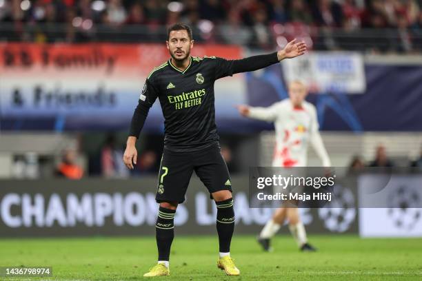 Eden Hazard of Real reacts during the UEFA Champions League group F match between RB Leipzig and Real Madrid at Red Bull Arena on October 25, 2022 in...