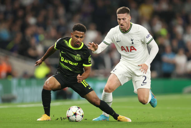 Marcus Edwards of Sporting CP is challenged by Matt Doherty of Tottenham Hotspur during the UEFA Champions League group D match between Tottenham...