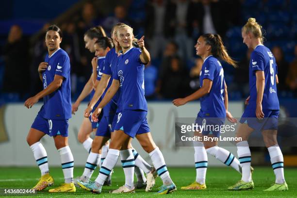 Pernille Harder of Chelsea celebrates scoring their side's third goal with teammates during the UEFA Women's Champions League group A match between...