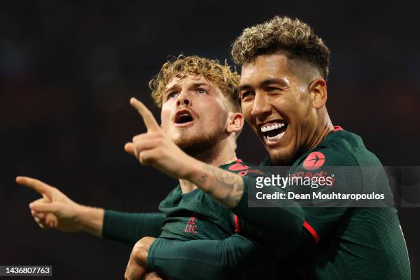 Harvey Elliott of Liverpool celebrates after scoring their team's third goal during the UEFA Champions League group A match between AFC Ajax and...