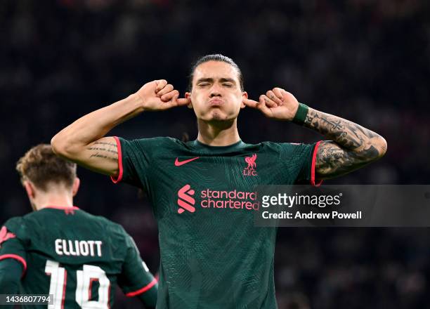 Darwin Nunez of Liverpool celebrates after scoring the second goal during the UEFA Champions League group A match between AFC Ajax and Liverpool FC...