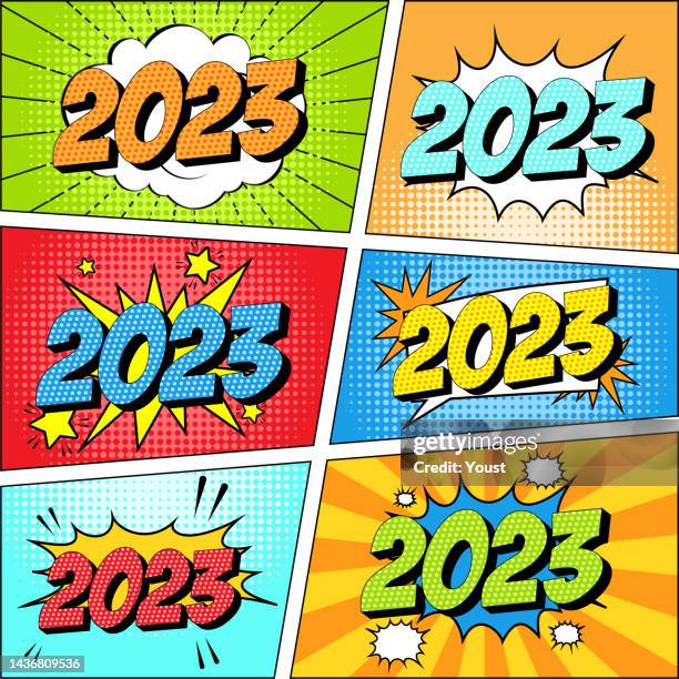 colorful set of new year 2023 comic icon in pop art style. - new year cartoon stock illustrations