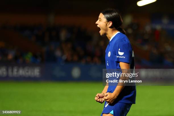 Samantha Kerr of Chelsea celebrates scoring their side's fourth goal during the UEFA Women's Champions League group A match between Chelsea FC and FK...