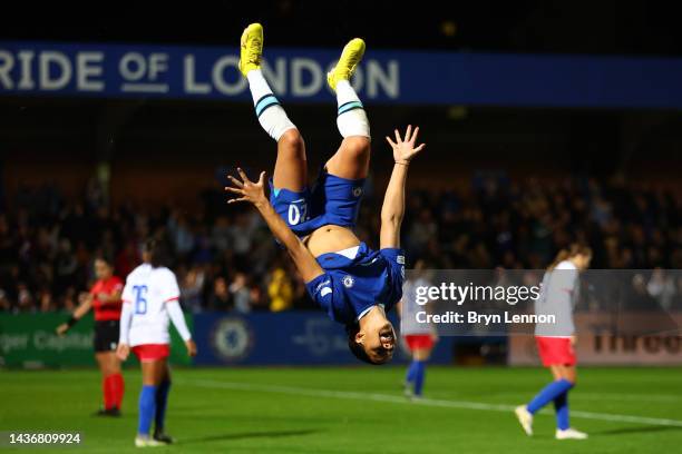 Samantha Kerr of Chelsea celebrates scoring their side's fourth goal during the UEFA Women's Champions League group A match between Chelsea FC and FK...