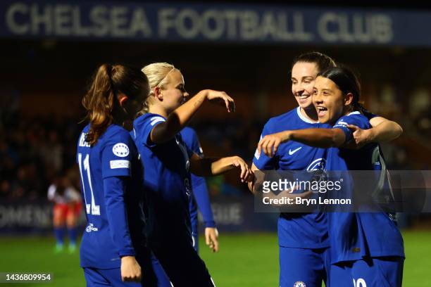 Samantha Kerr of Chelsea celebrates scoring their side's fourth goal with teammates during the UEFA Women's Champions League group A match between...