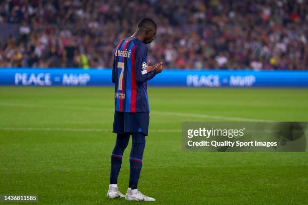 Ousmane Dembele of FC Barcelona reacts prior to the UEFA Champions League group C match between FC Barcelona and FC Bayern München at Spotify Camp...