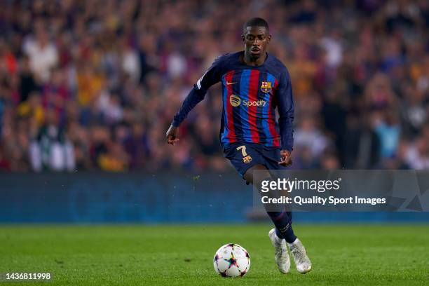 Ousmane Dembele of FC Barcelona in action during the UEFA Champions League group C match between FC Barcelona and FC Bayern München at Spotify Camp...
