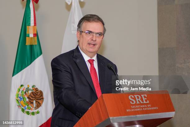 Marcelo Ebrard Mexican foreign minister speaks during the announcement of Mexico's bid to host the Olympic Games in 2036 or 2040 at SRE Building on...