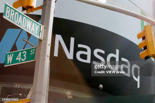 The Nasdaq MarketSite at Times Square on October 26, 2022 in New York City. Nasdaq index opened 2% lower as disappointing results and warnings from...