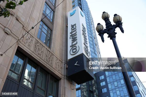 The Twitter logo is displayed on the exterior of Twitter headquarters on October 26, 2022 in San Francisco, California. Elon Musk has reportedly...