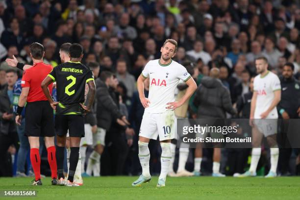 Harry Kane of Tottenham Hotspur reacts after his goal is disallowed during the UEFA Champions League group D match between Tottenham Hotspur and...