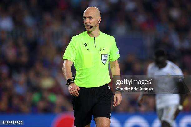 Referee Anthony Taylor looks on during the UEFA Champions League group C match between FC Barcelona and FC Bayern München at Spotify Camp Nou on...