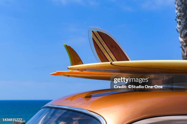 woodie with two surfboards - california coastline stock pictures, royalty-free photos & images