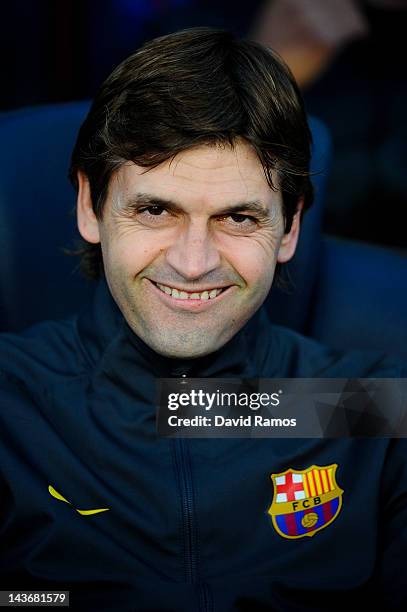 Coach Assistant Tito Vilanova of FC Barcelona looks on from the bench prior to the La Liga match between FC Barcelona and Malaga CF at Camp Nou...