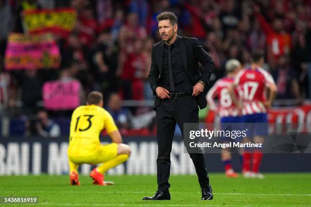 Diego Simeone, Head Coach of Atletico Madrid reacts after their sides draw during the UEFA Champions League group B match between Atletico Madrid and...