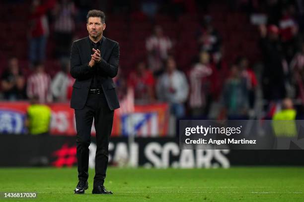 Diego Simeone, Head Coach of Atletico Madrid reacts after their sides draw during the UEFA Champions League group B match between Atletico Madrid and...