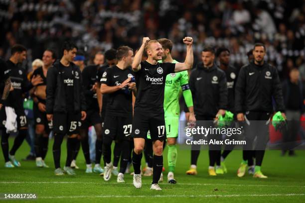 Sebastian Rode of Eintracht Frankfurt celebrates their side's win after the final whistle of the UEFA Champions League group D match between...