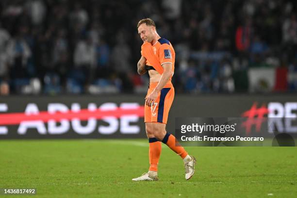 Scott Arfield of Rangers looks dejected after the final whistle of the UEFA Champions League group A match between SSC Napoli and Rangers FC at...
